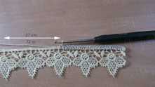 Take the 27 cm (~11 inch) Lace Tape. Edging with single crochet (sc) across. I got 72 sc.
