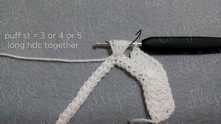 Make Puff stitch from 3-5 half double crochet (hdc) together.