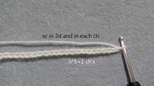 Chain (ch) a multiple of 5 plus 1. Row 1. Single crochet (sc) in second loop from the hook and sc's to the end of the row.