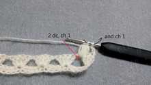 Then, YO, and pull through last 2 loops on the hook. Ch 1, 2 dc in same space, ch 1.