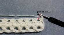 Row 5. Puff stitch, ch 1.