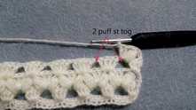 2 puff stitch together, ch 1.