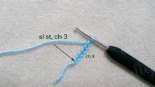 Chain (ch) 6. Join with slip stitch (sl st) to form a ring. Work ch 3.