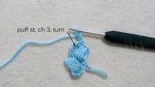 Puff stitch in the chain around (5 half double crochet (hdc)), ch 3. Turn.
