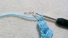 Single crochet (sc) in the loop around, ch 5.