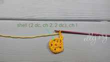 Make shell. (2 dc, ch 2, 2 dc) all in the next space. Work ch 1.