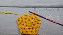2 dc for unfinished shell, ch 1, join round with sc, ch 2.