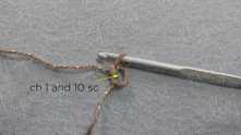 Work chain (ch) 1, 10 single crochet (sc) in the ring.