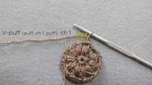 V-puff st (puff st, ch 1, puff st) in the same chain around, ch 1.