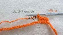 Skip 1 ch, V-stitch (1 dc, ch 1, 1 dc) in the next ch, ch 1.