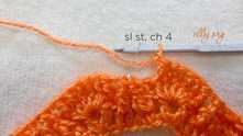 Join row with sl st in the top of 2 FPdc. Ch 4 for the next row.