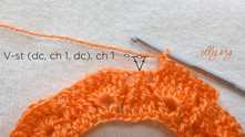 V-puff st (1 dc, ch 1, 1 dc) in the top of 2 FPdc, ch 1.