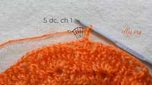 Row 5. 5 dc in the space, ch 1.