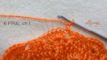 Row 6. 6 FPdc: 1st in the beg chain around, other 5 in each st of the shell around. Work ch 1.