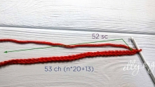 Row 1. Chain (ch) a multiple of 20. Work n*20 + 13 ch. Total 53 ch. Single crochet (sc) in the second loop from the hook and sc's to the end of the row.