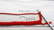 Row 2. Skip first 3 sc, 6 double crochet (dc), ch 6.