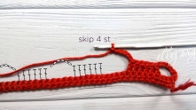 Skip next 4 sc, 6 dc, ch 6. And so on.