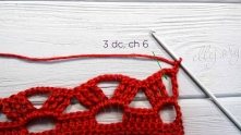 Row 4. 3 dc in the arch, ch 6.