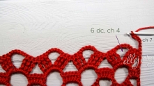 How to work 2 last rows. Ch 7, 6 dc in the arch, ch 4.