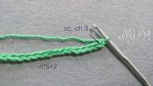 Row 1. Chain (ch) a multiple of 5 + 2 ch. Work ch 22 for the sample. Single crochet (sc) in the second ch from the hook, ch 3.