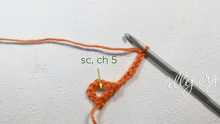 1 single crochet (sc) in the ring around, ch 5.