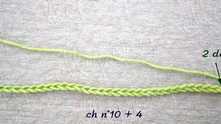 Row 1. Chain (ch) a multiple of 10 plus 4. 2 double crochet (dc) in 4-th ch from the hook.