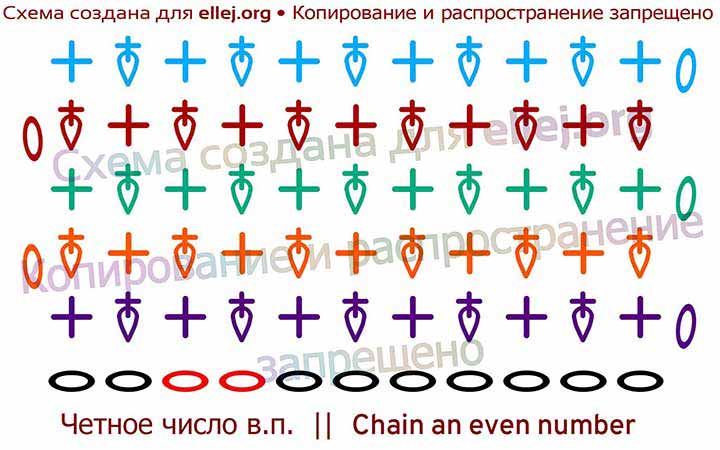 Схема вязания плотного узора с удлиненным столбиком без накида