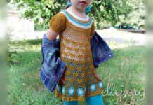 Ажурная горчичная туника с голубыми мотивами для девочки 3-5 лет Ажурная горчично-голубая туника платье с мотивами крючком для девочки