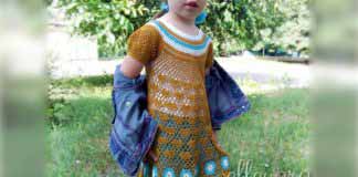 Ажурная горчичная туника с голубыми мотивами для девочки 3-5 лет Ажурная горчично-голубая туника платье с мотивами крючком для девочки