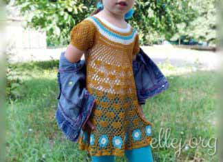 Ажурная горчичная туника с голубыми мотивами для девочки 3-5 лет Ажурная горчично-голубая туника платье с мотивами крючком для девочки