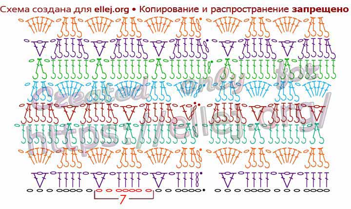 Схема вязания узора с объемными листочками по кругу.