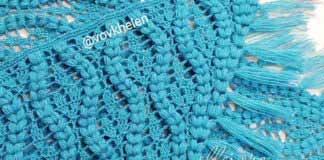 Шаль «Подснежники» (схема вязания) Бирюзовая шаль с листьями и пышными косичками