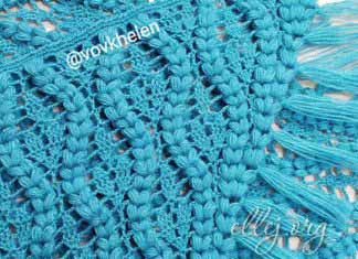 Шаль «Подснежники» (схема вязания) Бирюзовая шаль с листьями и пышными косичками