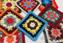 Красивый цветочный квадратный мотив Тропикана Квадратный мотив Тропикана крючком. Красивый, цветочный, яркий